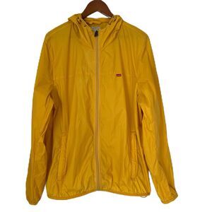 Levi's Raincoat Women L Yellow Packable Lightweight Nylon Hood Pockets Casual
